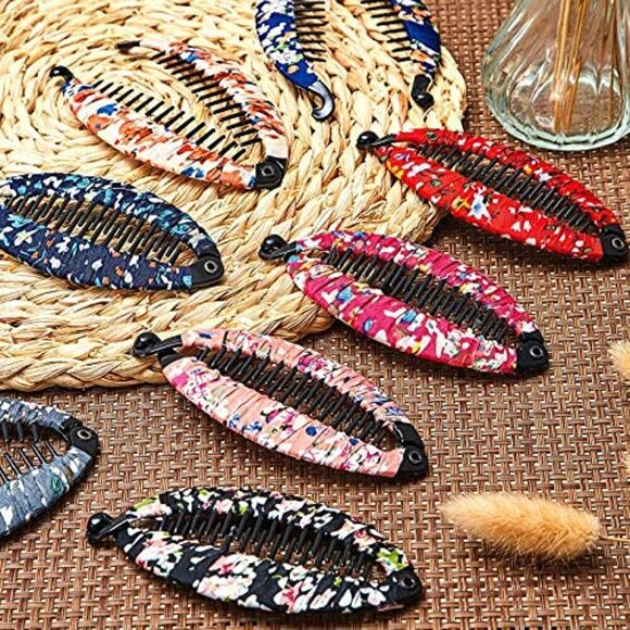 9 Pieces Banana Hair Clip Floral Clincher Hair Claws Bohemia Style Wrapped Cloth - Picture 5 of 6